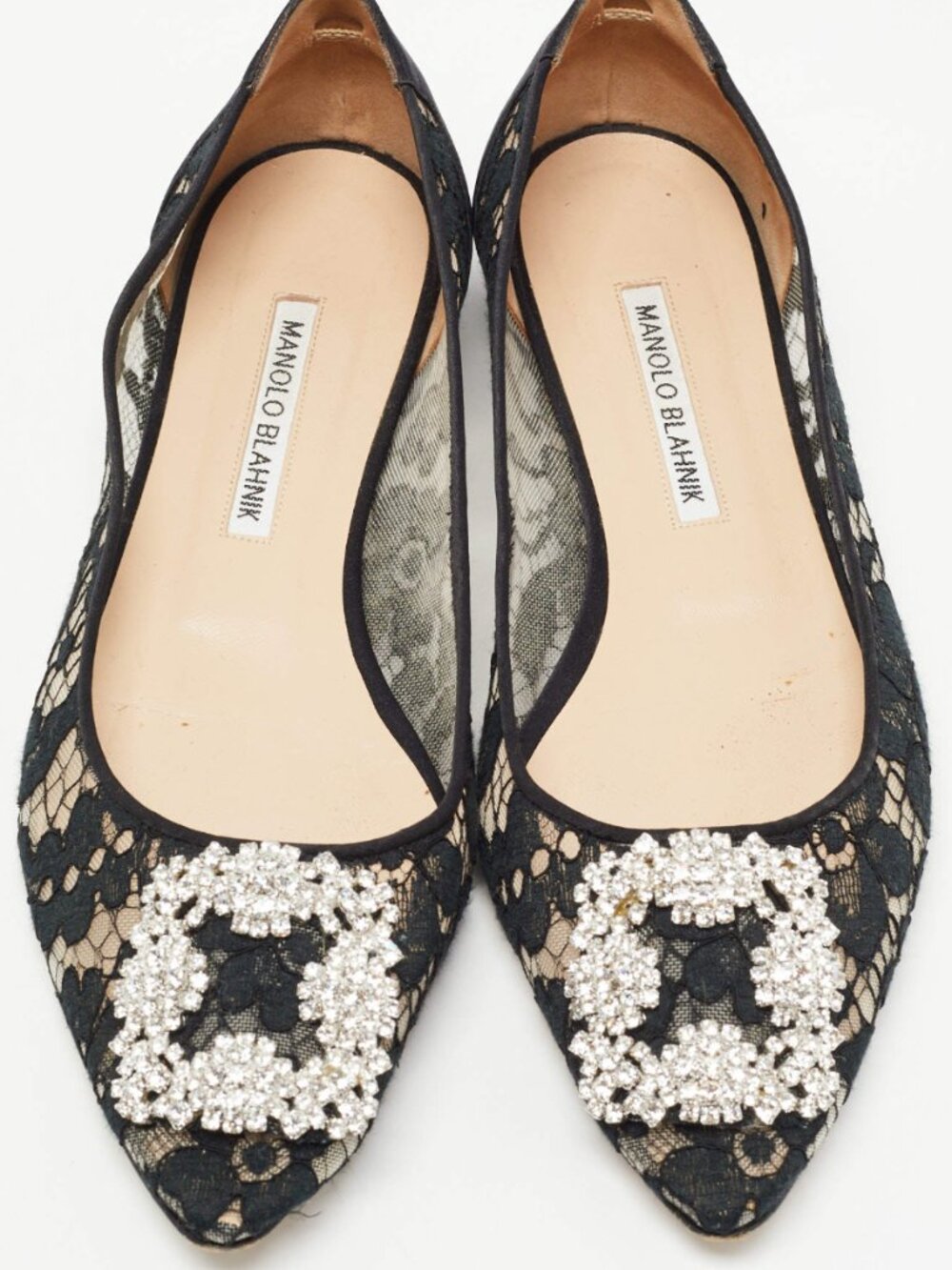 Manolo Blahnik - Hangisi Ballet Flats in Black Lace and Satin - Size 39